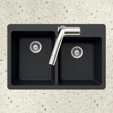 Houzer MIDNITE Quartztone Series Granite Topmount 60/40 Double Bowl Kitchen Sink, Black Kitchen Sink - Topmount Houzer